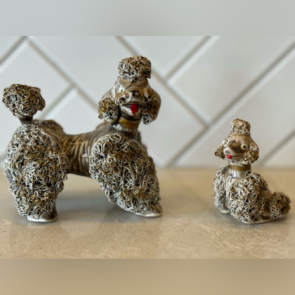 Set of 2 Vintage Mid-Century Modern Spaghetti Grey Ceramic Poodles